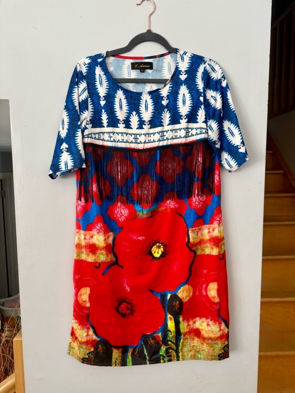 Luxury S. Anna 100% Silk Shift Dress - Vibrant Poppy & Tribal Print with Fringe